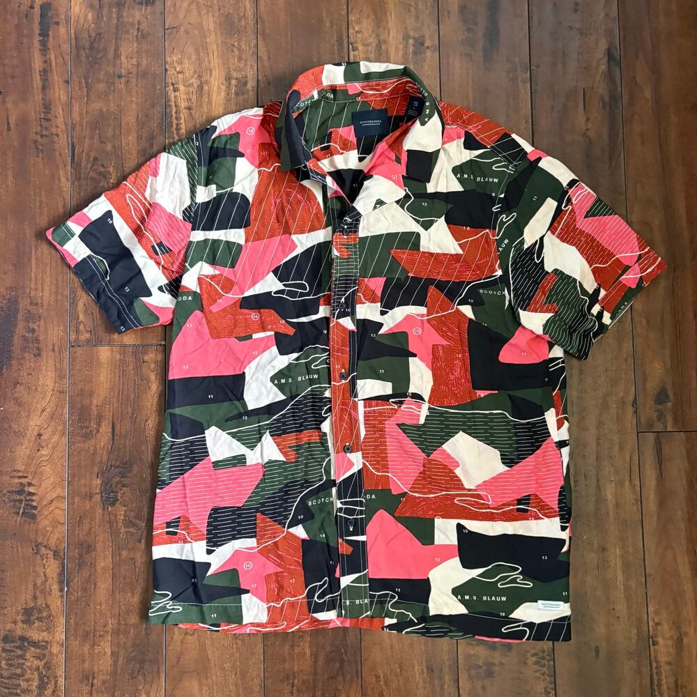 Scotch & Soda Camp Shirt Mens L Red Abstract Pattern Geometric Resort Holiday